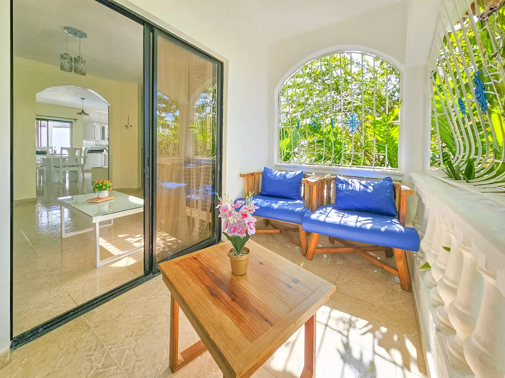 The terrace through the sliding glass doors