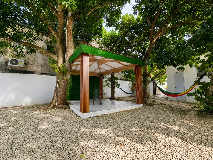 The gazebo, shaded from noon onwards