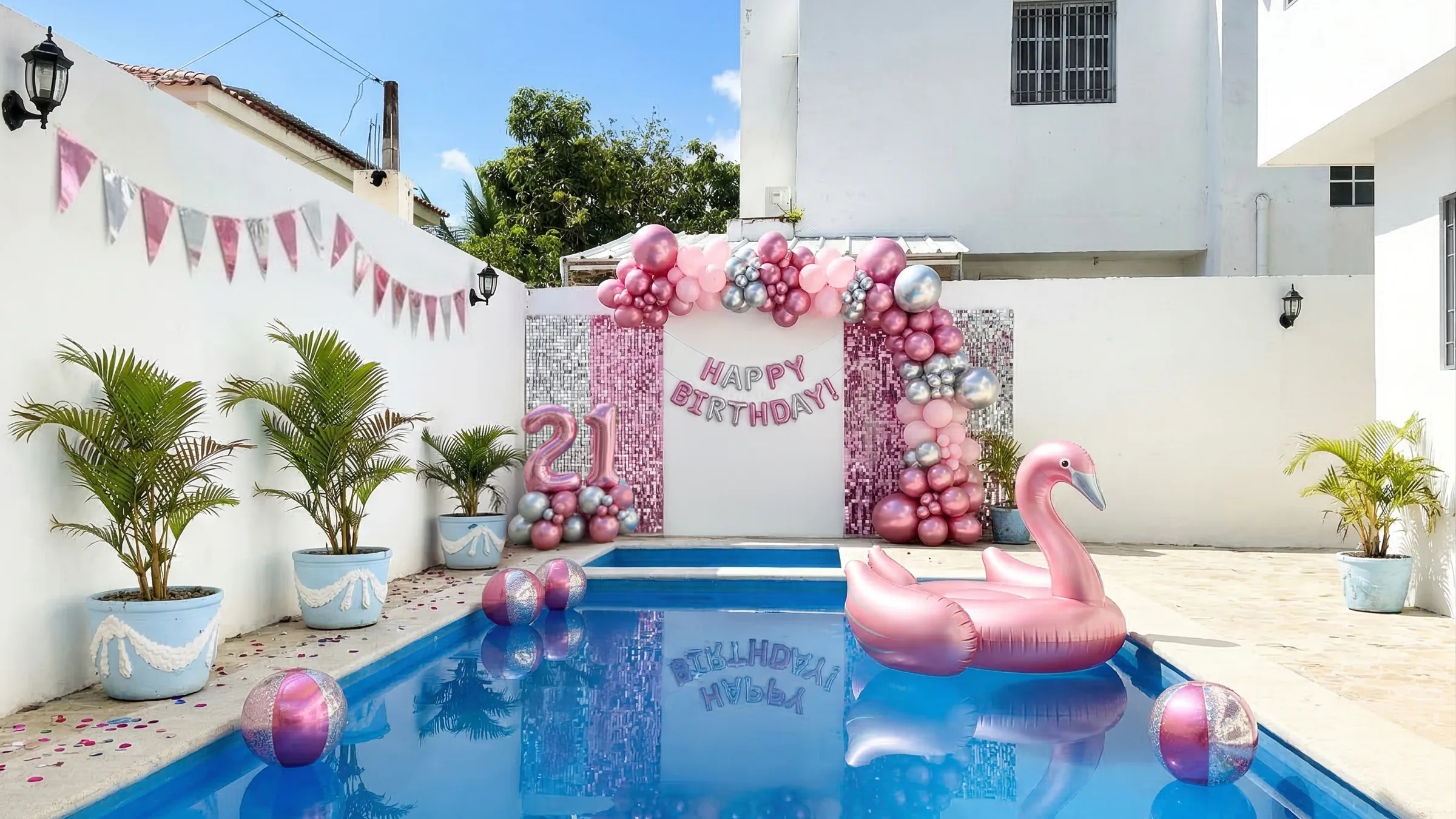 The pool dressed for a birthday, with a balloon arch and a flamingo float