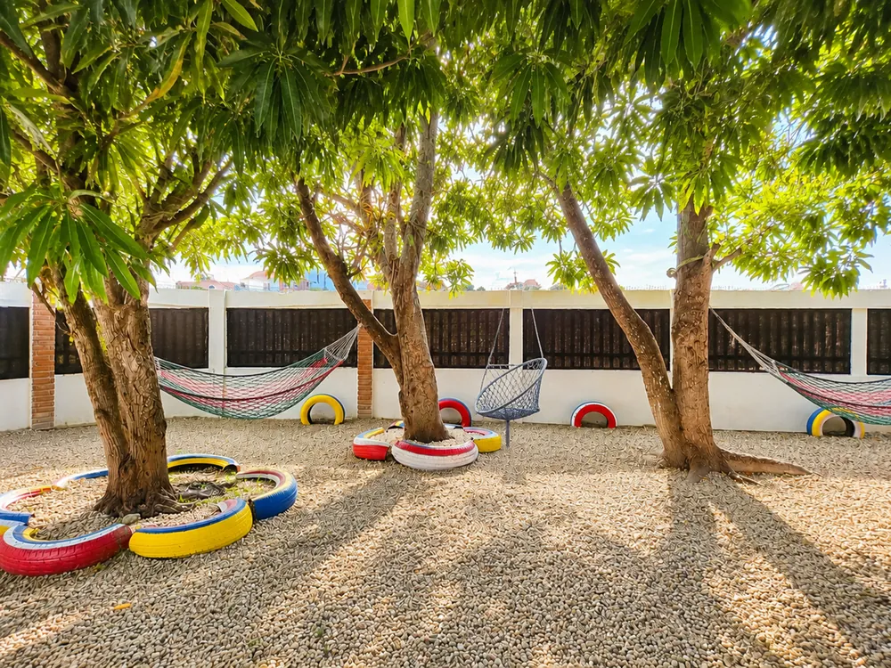 Hammocks slung between the mango trees in the garden